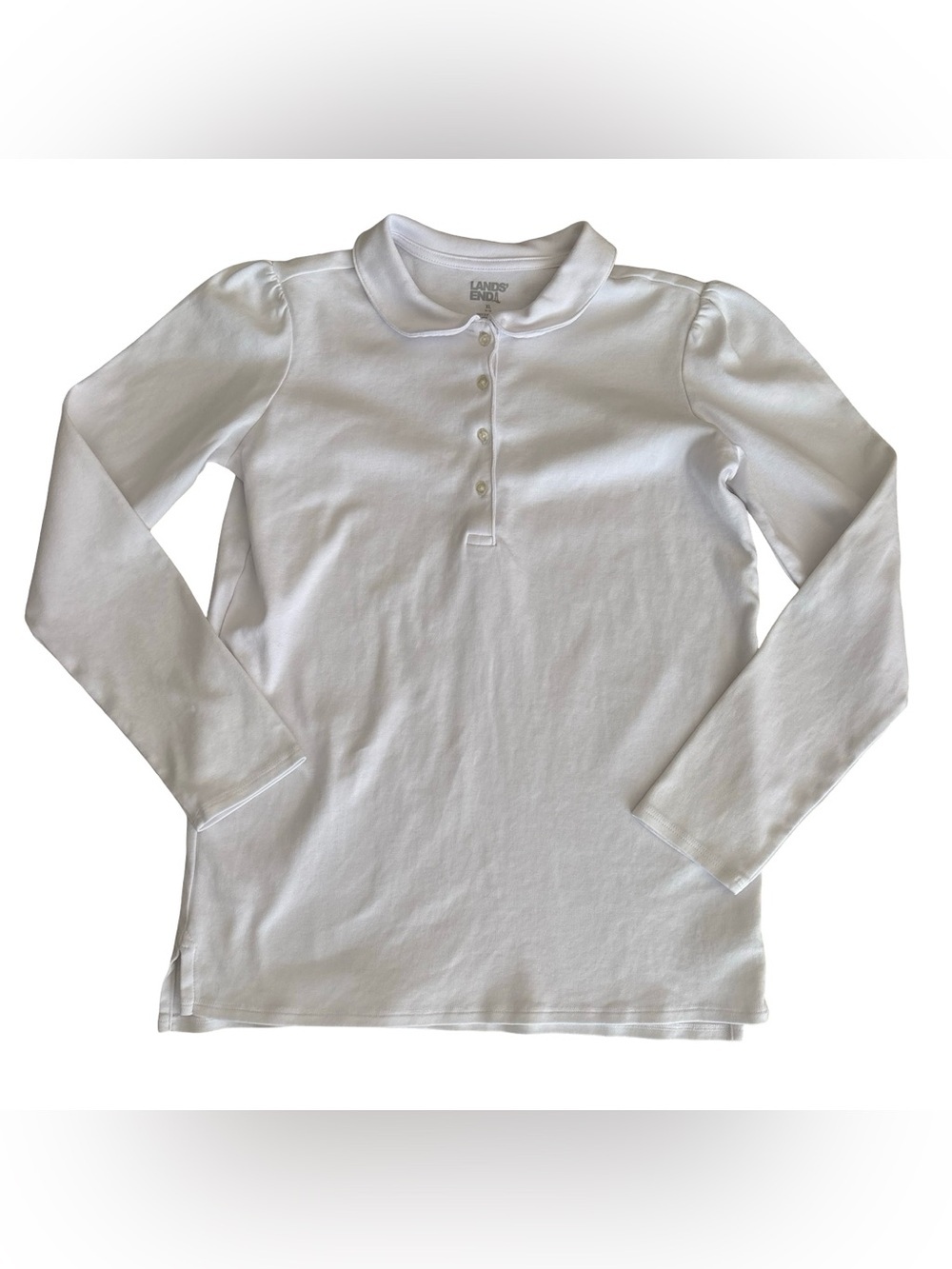 Lands End Girls White Collared Cotton Knit Long Sleeve Shirt 14-16 School